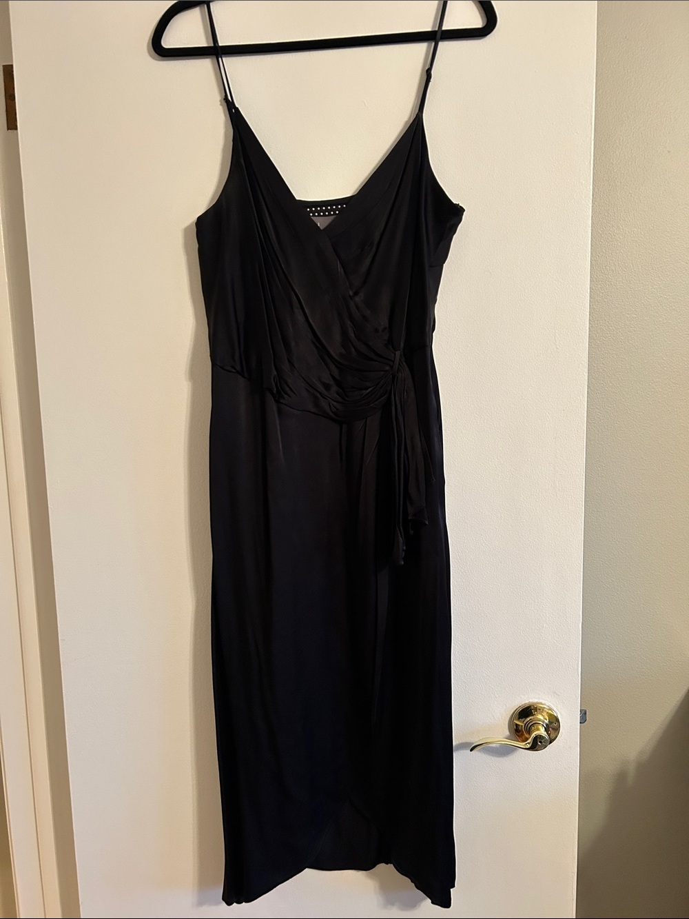 Anthropologie Black Satin Midi Slip Dress with Wrap Tie